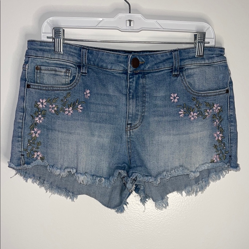 juniors size 15 jean cute shorts embroidered floral flowers SEE FLAWS